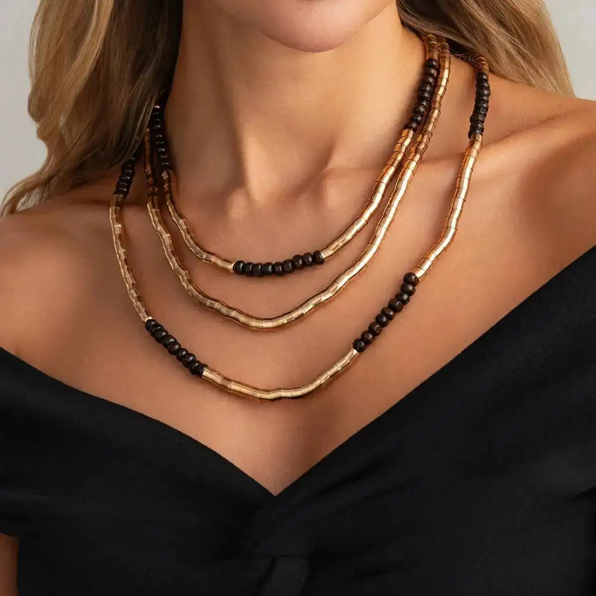 Salircon Creative Vintage Multi Layer Iron Bead Wood Bead Choker Necklace Fashion Stacked Adjustable Collar Chain Jewelry New