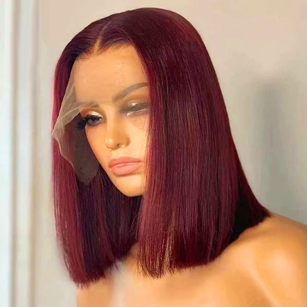 Wig merah anggur renda pendek lurus Wig depan untuk wanita Wig renda sintetis wanita garis rambut alami Wig renda merah anggur pakaian sehari-hari