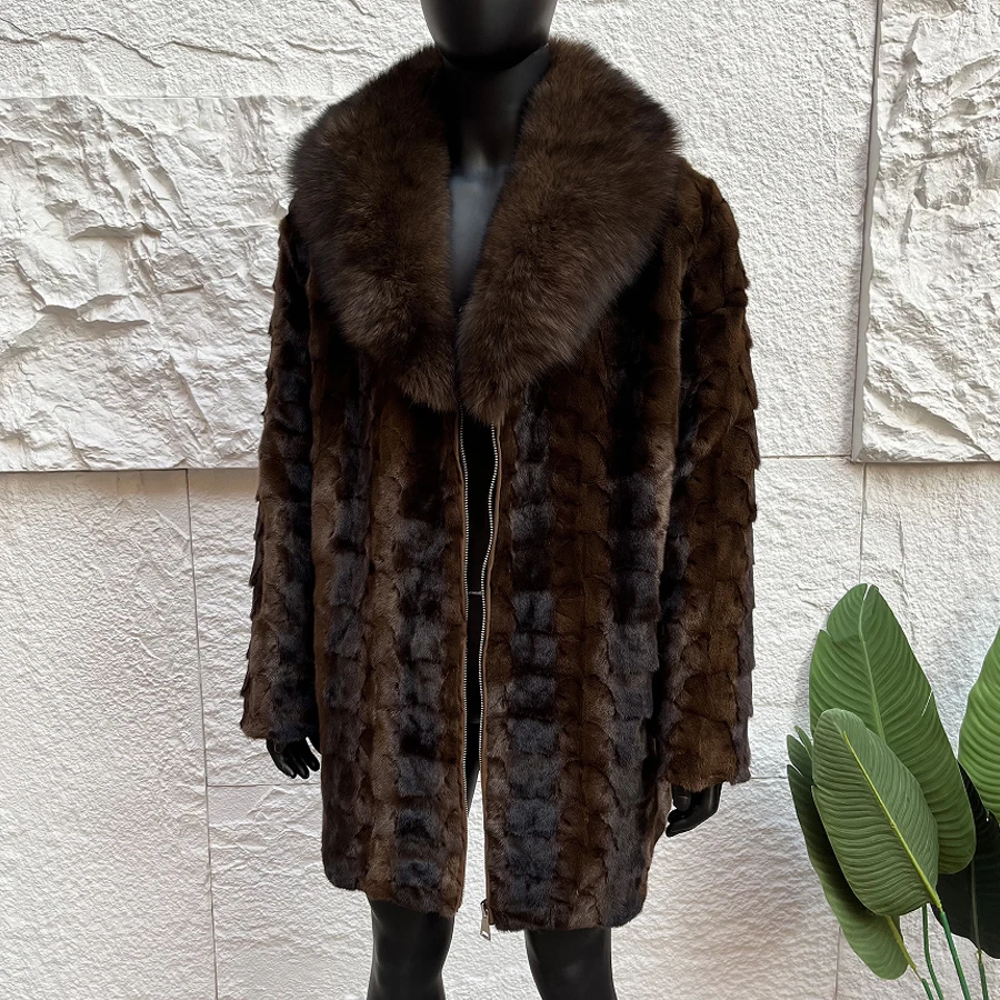 Cropped Mink Fur Coat With Fox Fur Collar Mid-length Natural Fur Coat Real Mink Fur Zippered Jacket Luxury Men's Winter Jacket