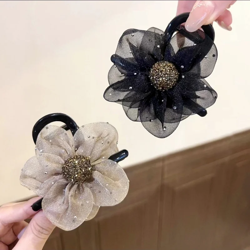 2024 Neuankömmling Frauen Haar klaue mit High-End-Mesh Blumen Haars pange halbe Pferdes chwanz Hai Clip Sonnenblumen Detail Haar Kralle