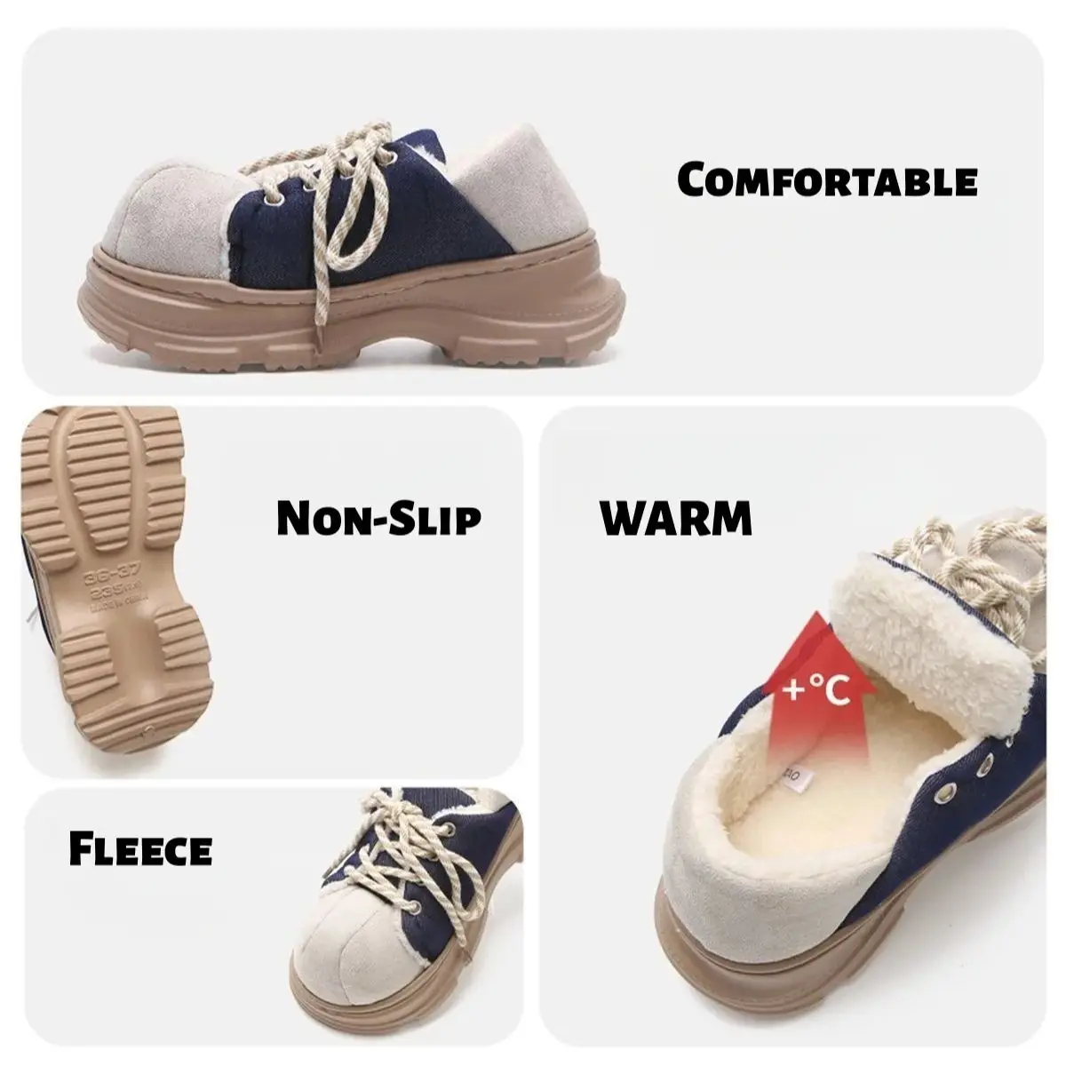 Warm Versatile Fleece-Lined Cotton Shoes Women Students Outdoor Slip-Resistant Thick-Sole Color-Block Lace-Up Sneakers Soft