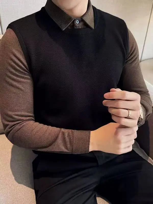 

Мужской осенне-зимний пуловер с отложным воротником, на пуговицах, в полоску, с лоскутным узором, с длинным рукавом, вязаный свитер, формальная нижняя рубашка, повседневный топ