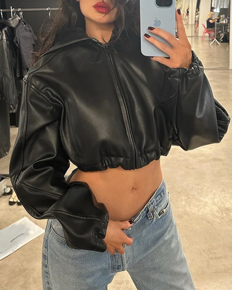 Women's Hooded Pu Leather Zipper Front Pilot Jacket Casual Black Coat Long Sleeve Short Jackets Autumn Winter Outwear