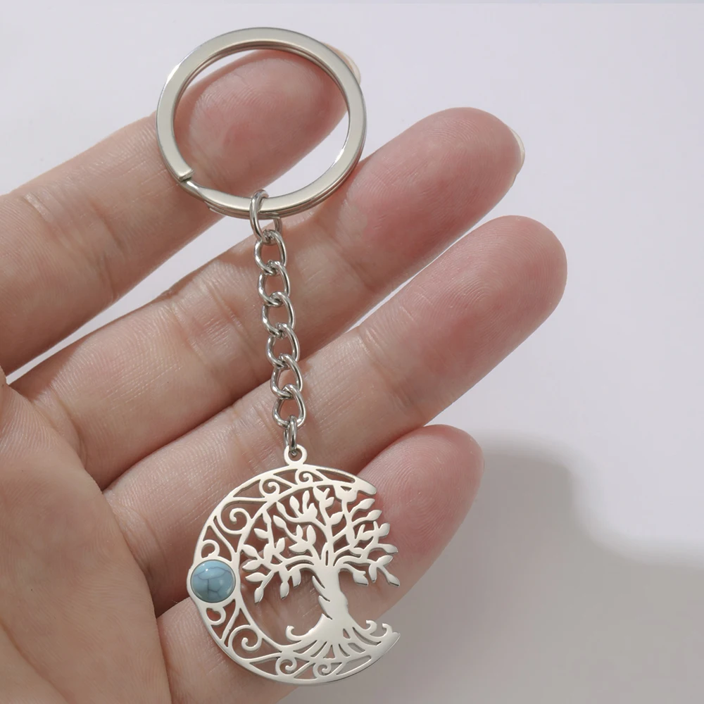 Dawapara Celtics Crescent Moon and Tree of Life Keychain Turquoise Wiccan Pendant Protection Talisman Stainless Steel Jewelry