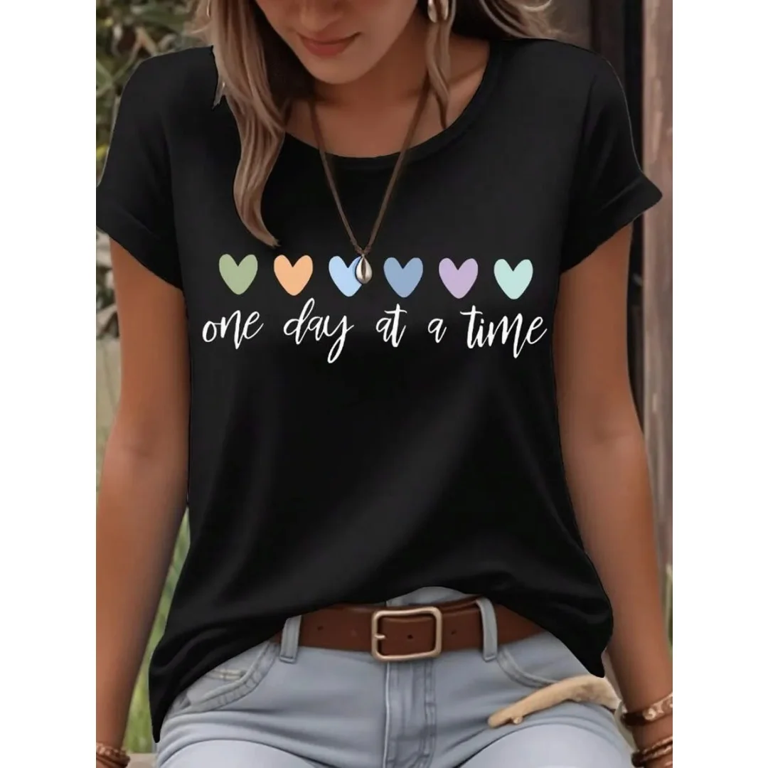 

Women's Casual Graphic T-Shirt One Day at a Time Heart 3D Print Short Sleeve Round Neck Top Spring Summer T-Shirt Women Clothing