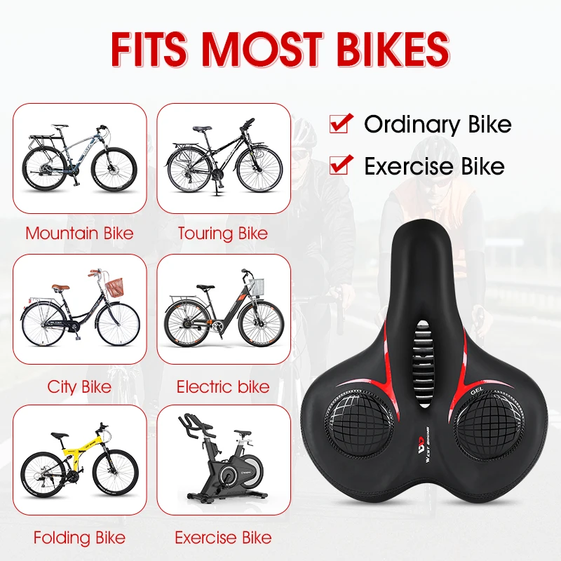 WEST BIKING Oversized Comfortable Bike Saddle Gel Filled MTB Bicycle Seats Shock Absorbing E-Bike Commuter Exercise Bike Seat