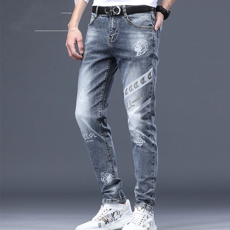 2024 Winter Mens Add Wool Thicken Jeans Mens Printed Casual Stretch Fleece-lined Denim Pants Male Jeans Daily Classical Trousers