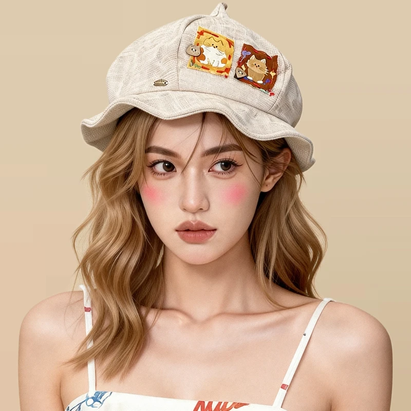 Koreanische niedliche Cartoon-Katzen-Leinen-Baumwoll-Patch-Kürbis-Bucket-Hüte für Damen – achteckige Hexen-Hüte für Frühling, Sommer und Reisen mit Sonnenschutz – Detail 2