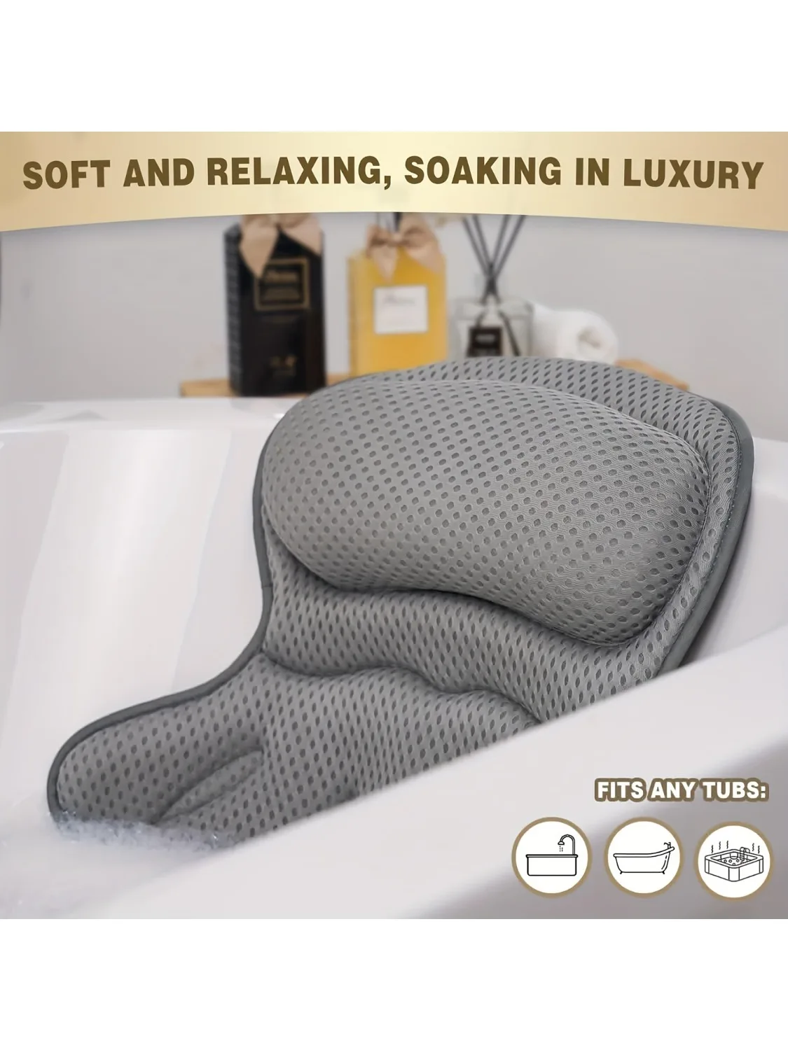 1 stuks luxe badkussen met 3D Air Mesh en veilige zuigkracht |   Nek-/rugsteun, wasbaar in de machine, gebruik thuis/spa - afbeelding 2