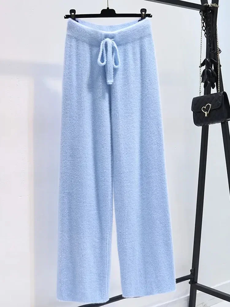 

Women's Knitted Imitation Mink Pants Warm Plush Korean Fashion Wide Leg Trousers FallCasual Candy Color Straight Pantalon Z41