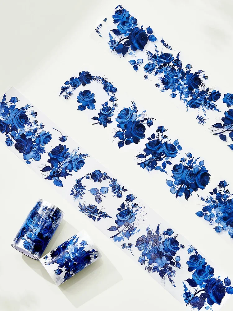 Black/blue Rose Special Oil Flower Washi Tape PET Crystal Ink with Gold Stamping MaskingTape Roll Scrapbooking