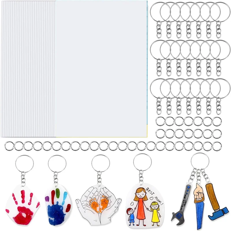 Hot Sale-30PCS Shrink Plastic Sheets For Kids With 30 Keychains & 100 Jump Rings, Shrink Films Papers,For DIY Handprint Keychain
