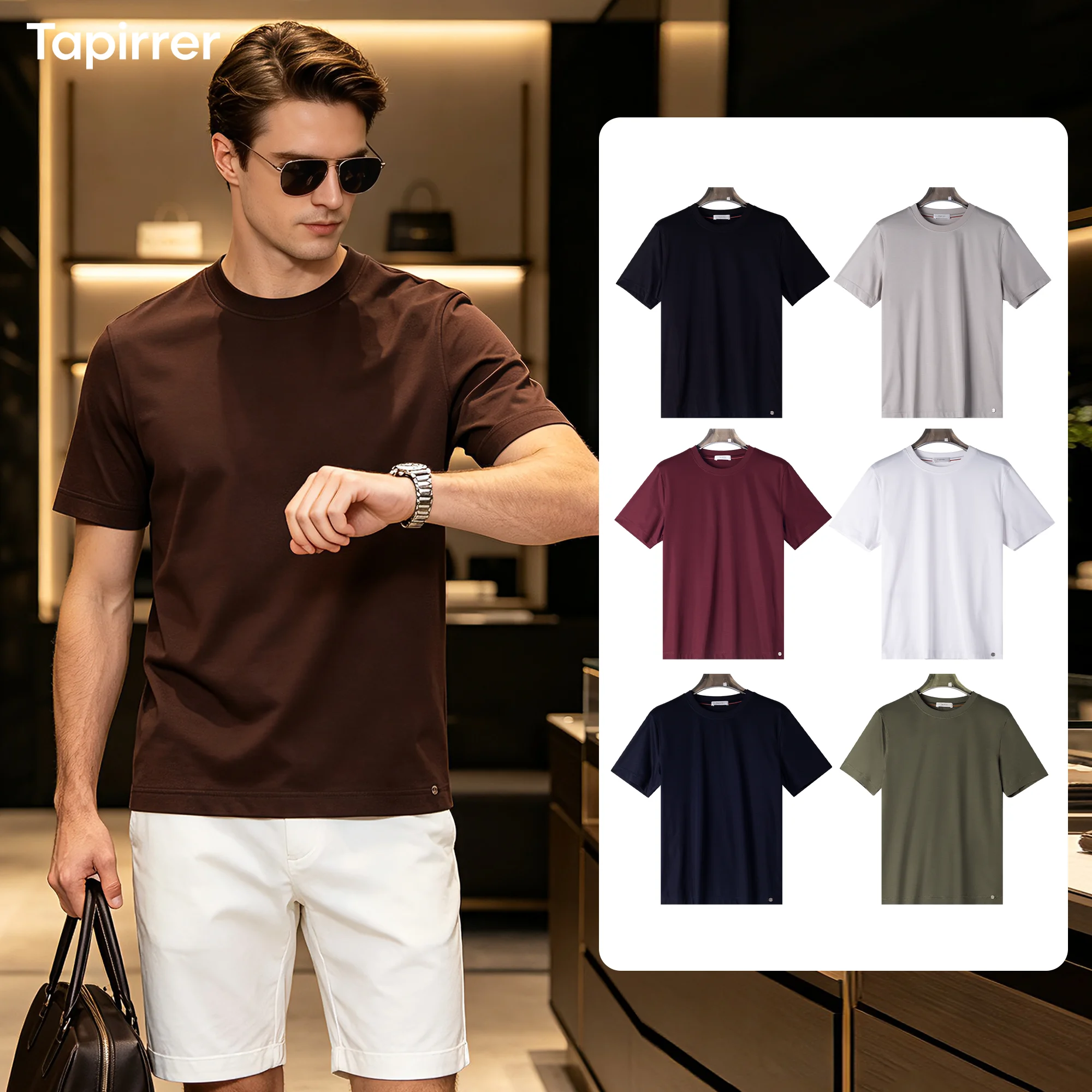 2026 Spring/Summer Tapirrer Old Money Style Men's 80-Count Cotton High-End Knitted T-Shirt Round Neck Business Commuter Simple Solid Color Fashion Versatile Short Sleeve Casual Daily Top