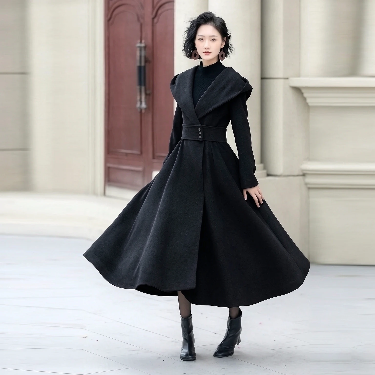 Black Women's Winter Long Hooded Wool Coat Versatile Slim Fit Fashion Swing Wool Overcoat Jacket