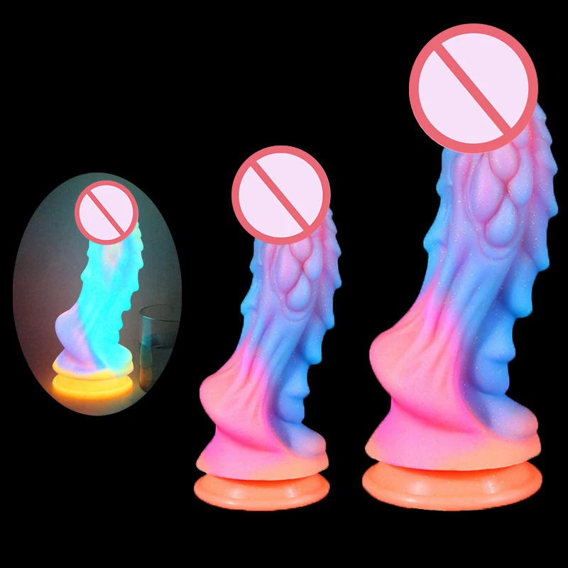 Dildos Luminosos para Mujeres, Coloridos y Brillantes, Pene Enorme con Forma de Dragón Monstruo, Estimulador de Punto G, Tapón Anal con Ventosa, Gran Succión