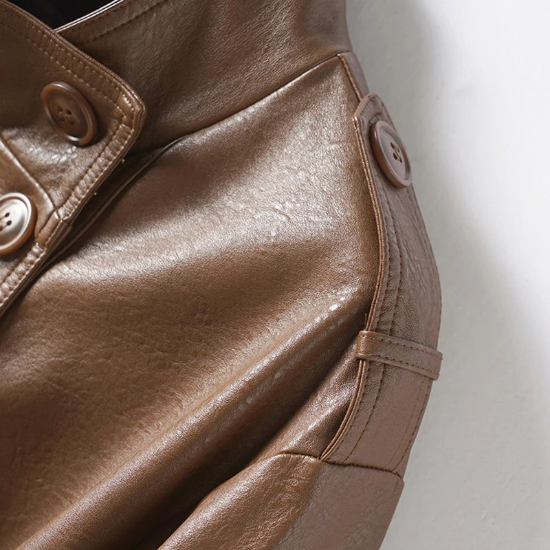 Cappotti Corti Casual in Pelle di Pecora per Donne, Primavera-Autunno 2026, Eleganti Giacche Femminili con Colletto Alto e Cintura in Pelle di Pecora