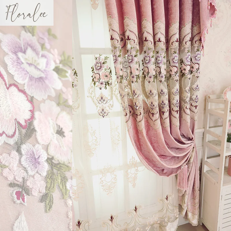 Flower Clusters Chenille Embroidered Pink Flower Clusters European Style Curtains Living Room Bedroom Curtain Head Villa Home