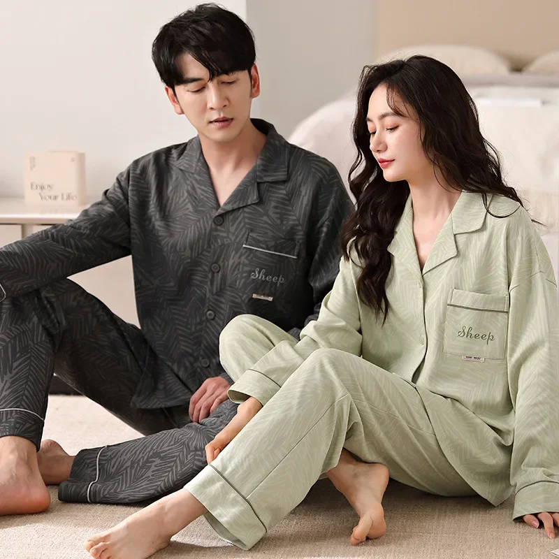 Cotton Couple Pajamas Spring Cotton Long Sleeve Man And Woman Autumn Cardigan Homewear Big Size M-3XL Pjs Young Boy Girl Pyjamas