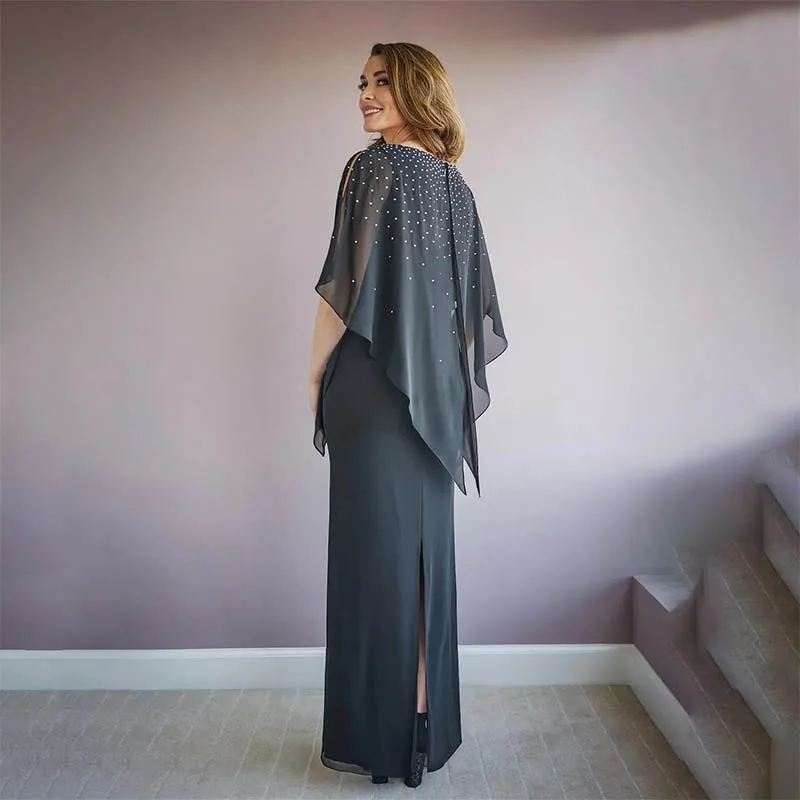 Graceful Chiffon Sheath Mother of the Bride Dresses Dark Grey Beaded Floor Length Long Evening Gowns Wedding Guest Prom Dress ﻿