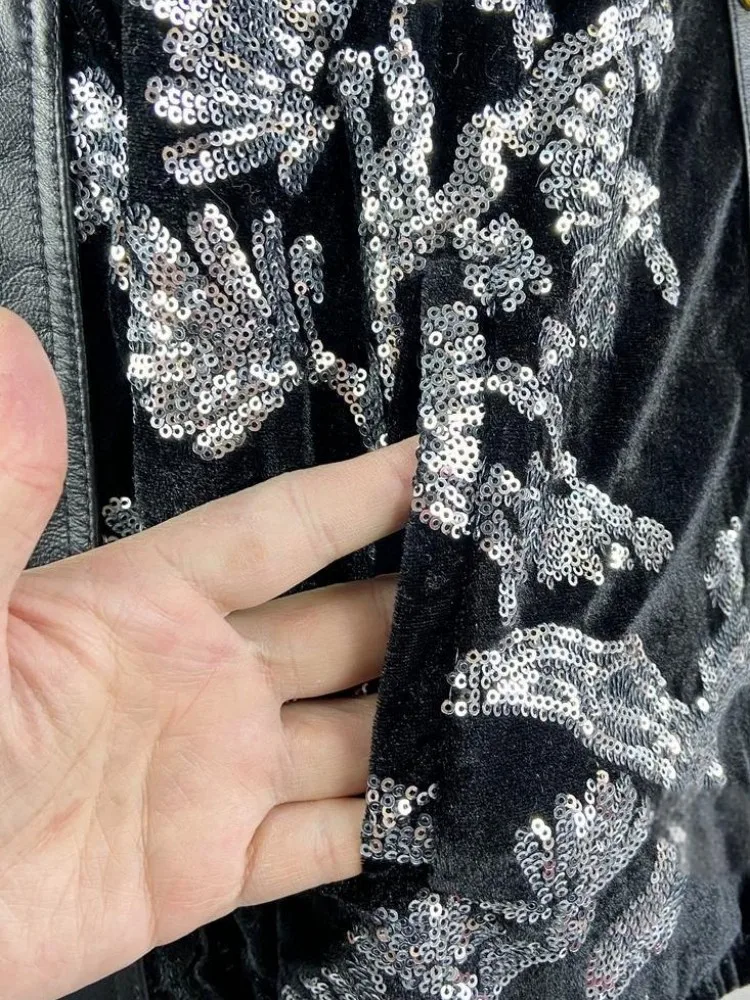 New Spring Vintage Spliced Sequined Women Velvet Genuine Leather Jacket V-Neck Long Sleeve Short Coat Single Breasted Outerwear - view 6