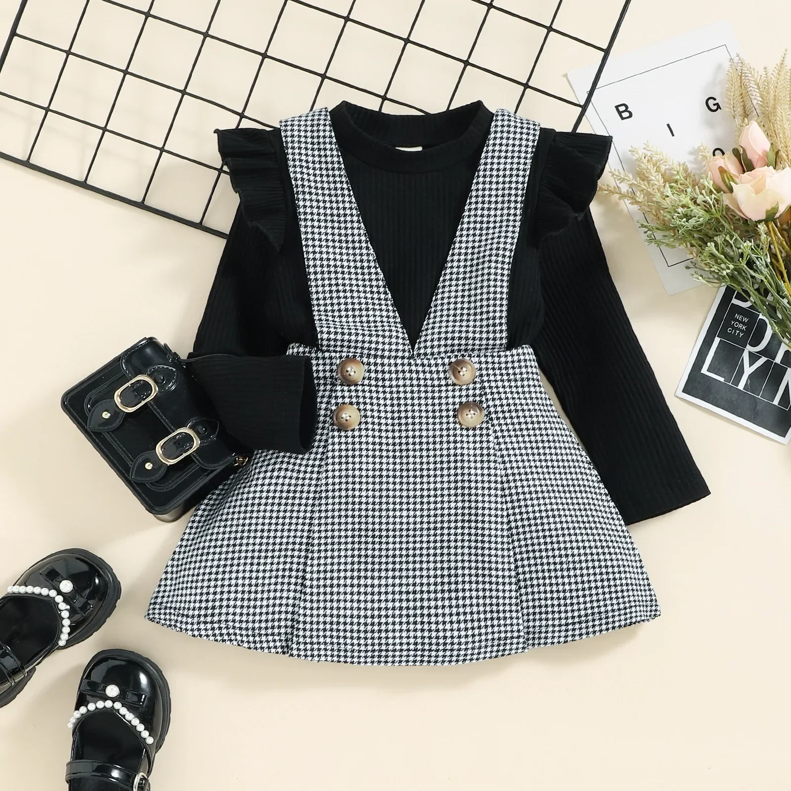 

Childrens Clothing Set 2024 New Long Sleeved Plaid Suspender Skirt Lace Solid Color Shirt Two-piece Childrens Set