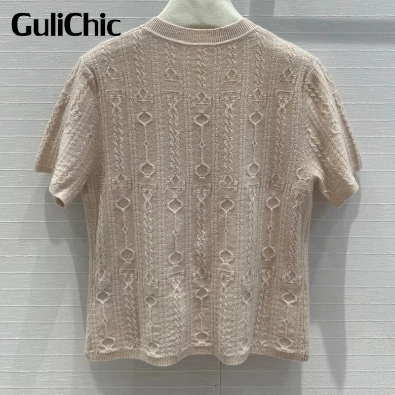 8.3 GuliChic Classic O-Neck Short Sleeve Cashmere Knitwear Fashion Twisted Pattern Jacquard Temperament All-Match Sweater Women