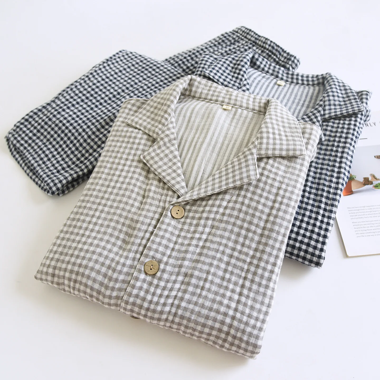 

100% Cotton Men's Pajamas Set 2026 Spring Autumn Cardigan Button Loungewear Suit Plaid Print Pyjamas Men Clothes Trouser