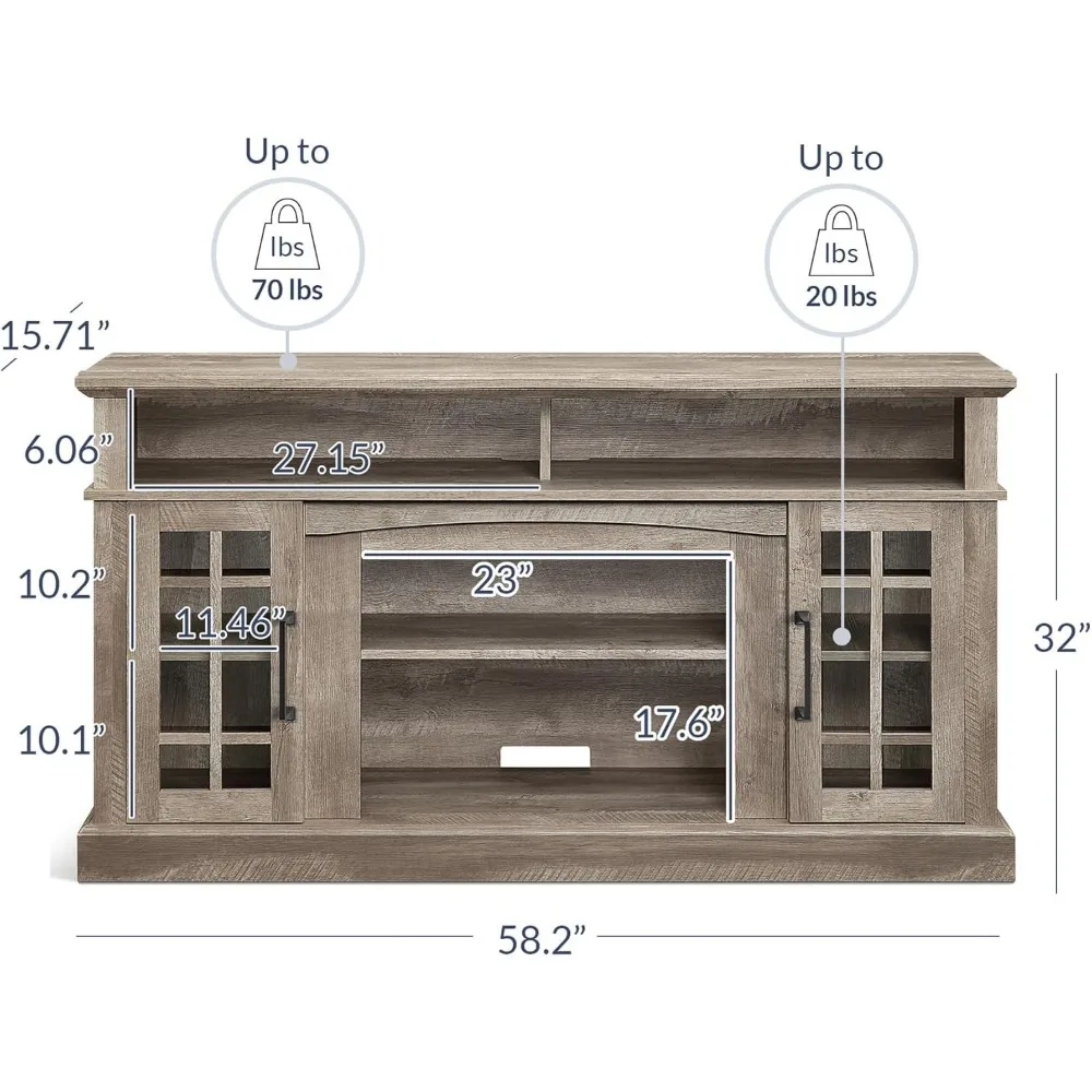 Stolik RTV Belleze w stylu rustykalnym z drewna, tradycyjny, 58 cali, konsola na telewizor i sprzęt multimedialny do telewizorów do 65 cali z otwartymi przegródkami.