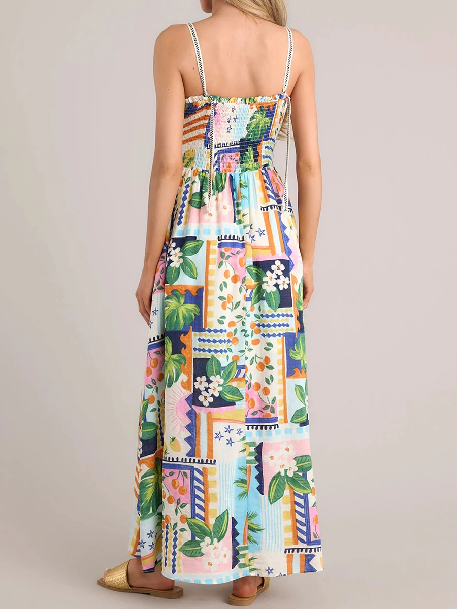 Women's Tropical Print Long Dress Summer Sleeveless Open Back Low Cut Floral Beach Dresses Female Spaghetti Strap Cami Dress