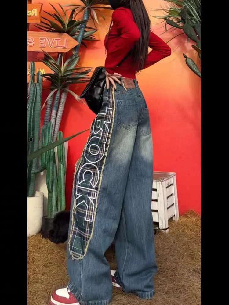 Pantalones vaqueros a cuadros con letras de retales personalizados para mujer, pantalones de mezclilla para chica joven, pantalones de cintura alta Vintage para mujer