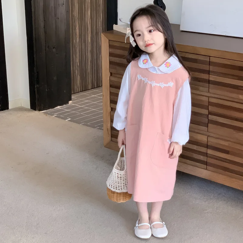 

Korean Girls' Fashionable Outfit Set Spring New Little Girl Embroidered Shirt Vest Dress Two-Piece Set