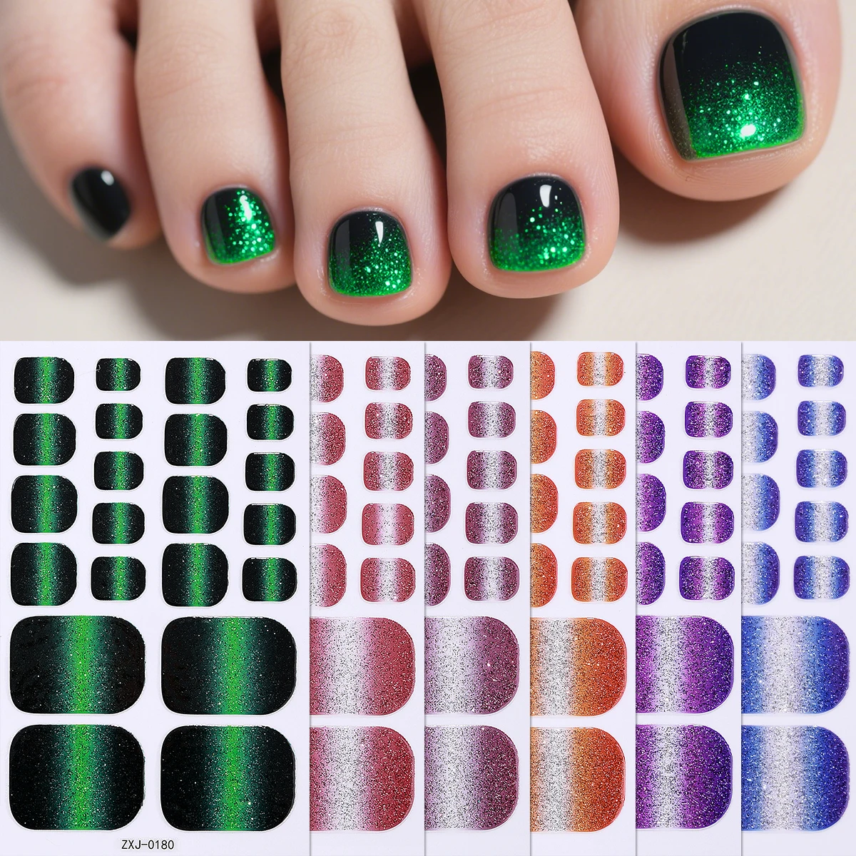 6 Blatt Sommer Glitzernde Nagelfolien für Zehennägel – Farbverlauf, vollflächige Abdeckung, selbstklebende DIY-Fußnagel-Sticker