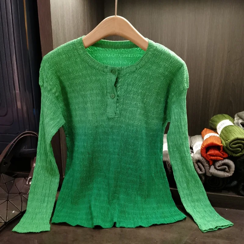 

Плиссированная футболка с градиентом из хлопчатобумажной ткани Miyake, женские топы, осенняя тонкая универсальная нижняя рубашка, нежная элегантная одежда