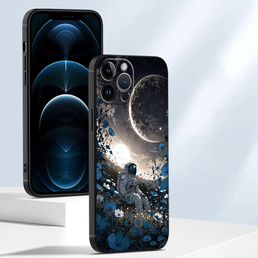 حافظة لهاتف آيفون 17 اير 13 12 11 17 برو ماكس 7 8 XR 15 16 14 Plus XS Max غطاء هاتف ناعم أسود كارتون جالاكسي رائد الفضاء #4