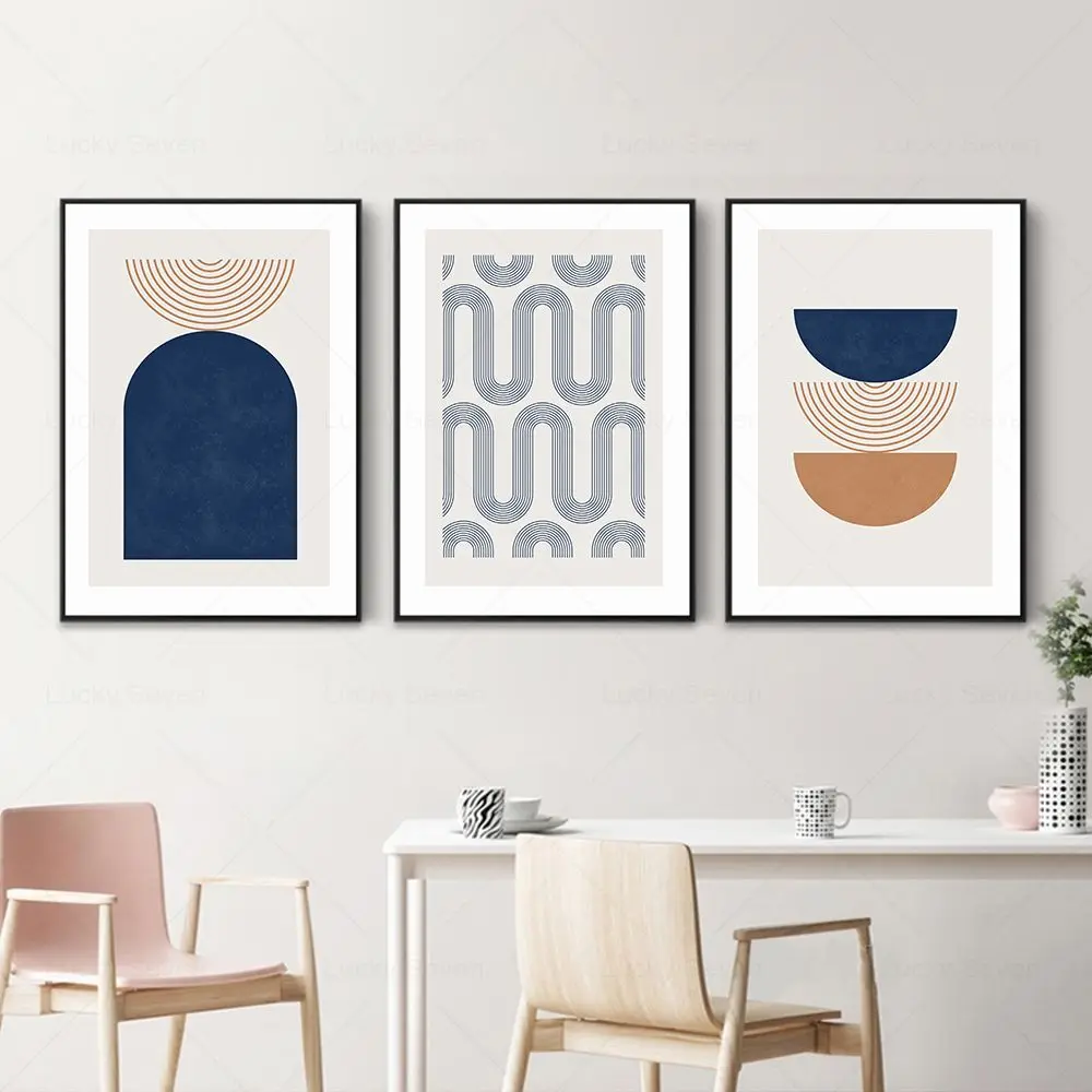 Abstract Navy Blue Color Block Lines Modern Minimalist Wall Art Posters Prints Canvas Paintings Pictures Living Room Home Decor