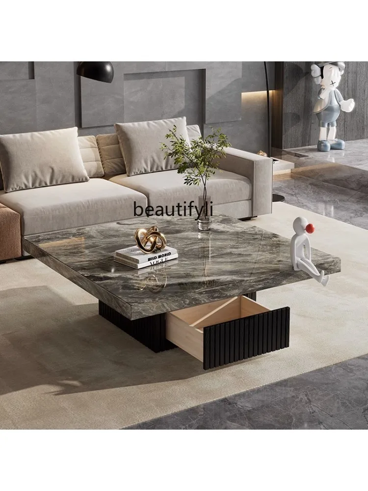 Imported Natural Venice Brown Marble Square  Table Large and Small Apartment Type Minimalist Living Room Table Light Luxury