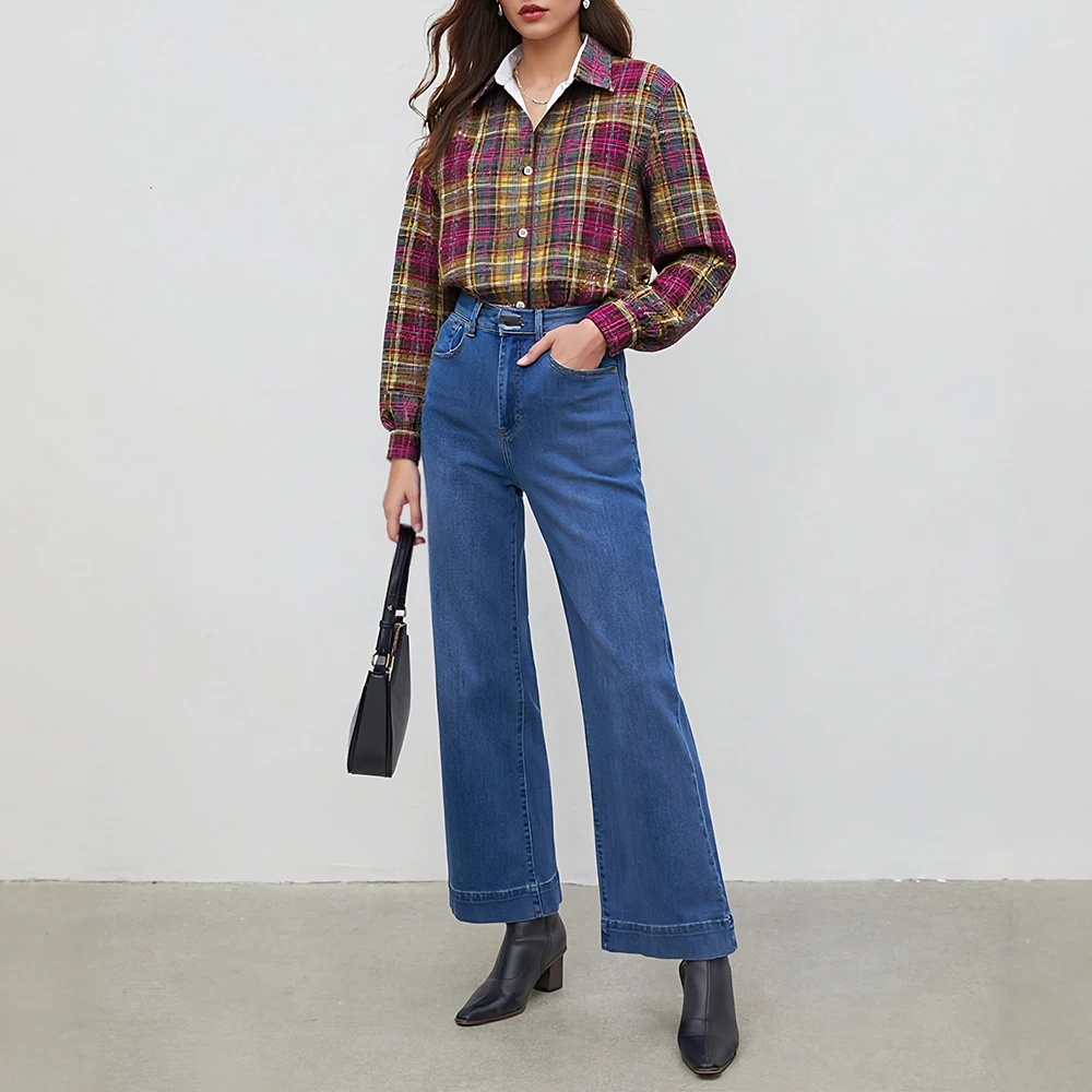 

Mia Muse Autumn Shirts 2025 Women's Decent Plaid Long Cuff Sleeve Shirt Collar Button Through Basics Shirts