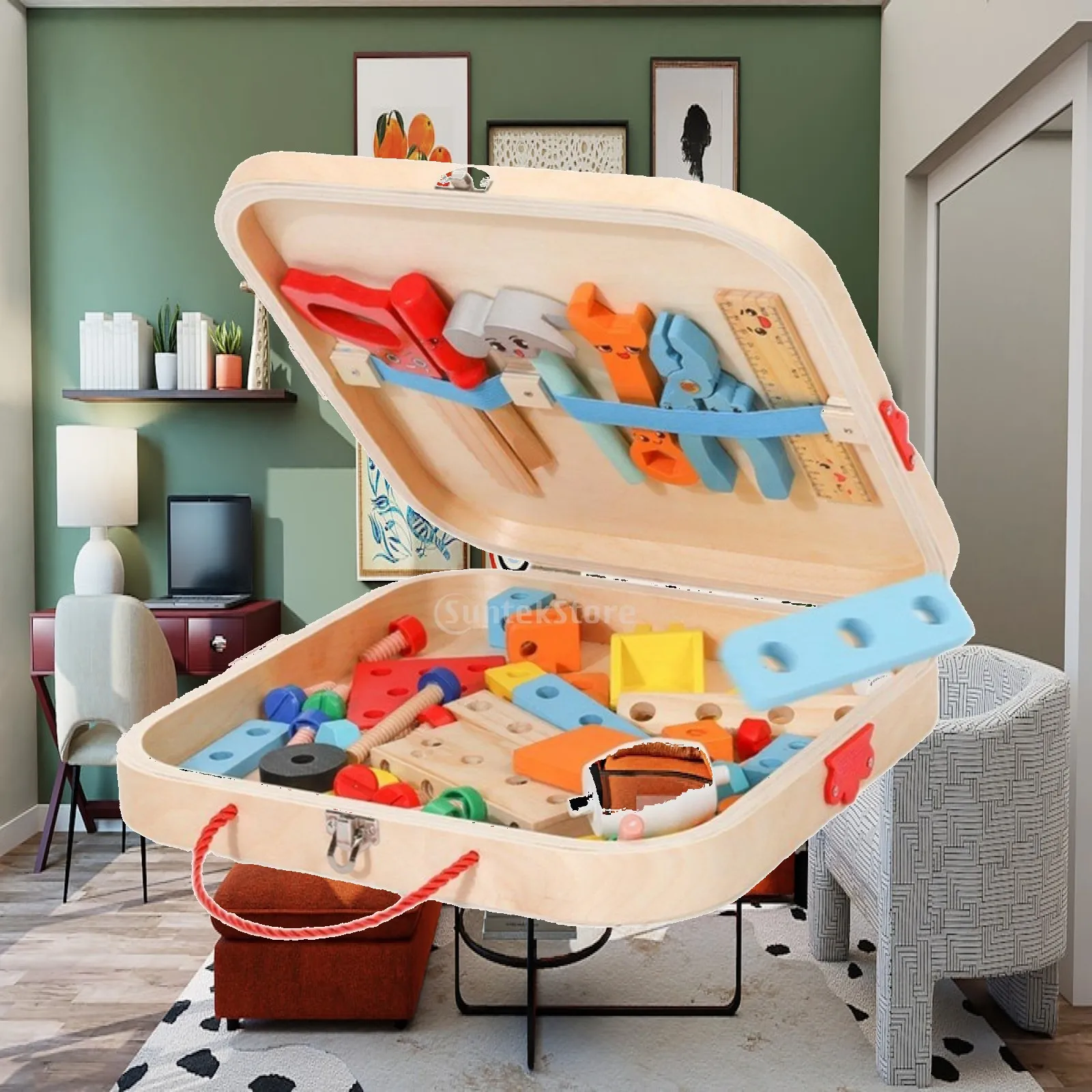 Children Wooden Tool Bench Take Apart Kit Montessori Toys for Learning Shapes and Engineering Concepts with Storage Tray