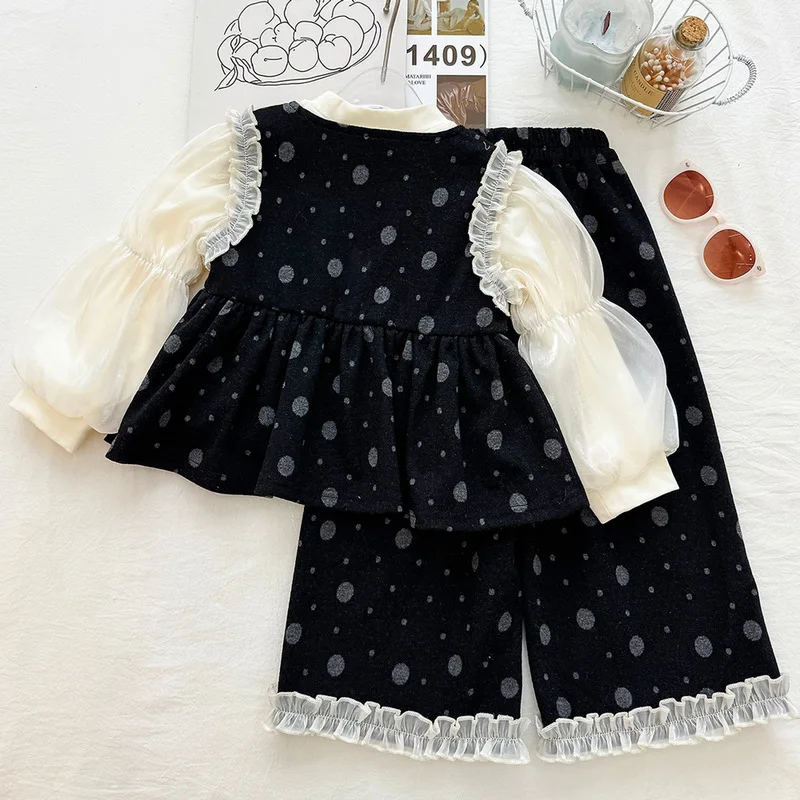 Girls' polka dot ruffled vest set, autumn bubble-sleeve undershirt, mesh lace wide-leg pants, three-piece trendy outfit