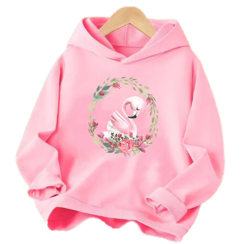 Elegant Swan Kids Hoodie Long Sleeve Flower Pullover Fashion Sweatshirt Kawaii Flamingo Cartoon Girls Hoodies Top