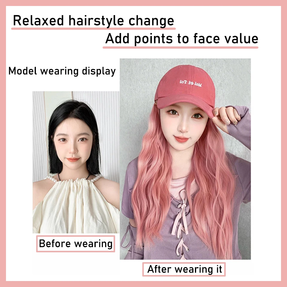 Topi dan wig sintetis satu wanita rambut panjang jaring merah pasang topi bisbol dan wig tipis dan serbaguna wig rambut panjang keriting penuh dia