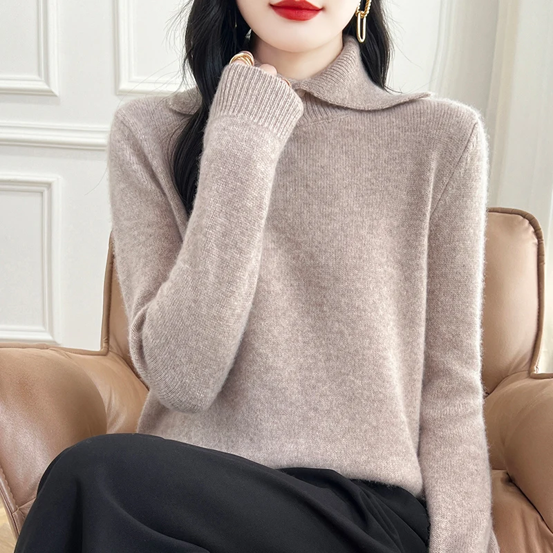 Fashion Thickened Turn-over Collar Woolen Cashmere Sweater 100% Merino Wool Pullover Long Sleeves Solid Color  Clothing Top