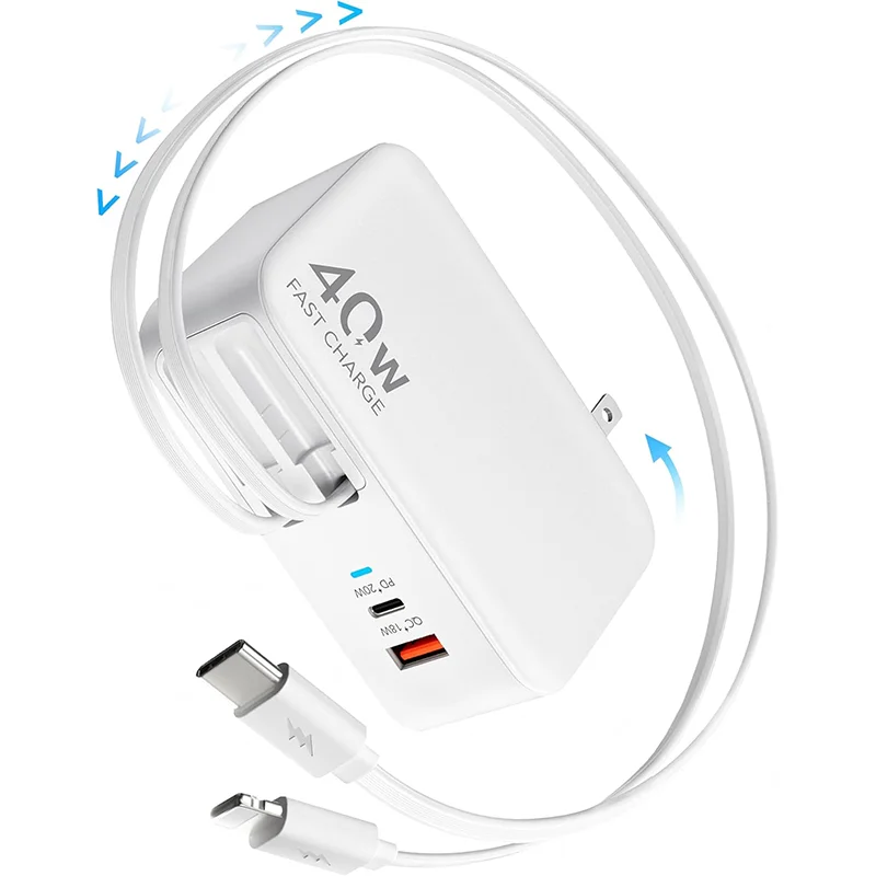 Cargador de Pared Retráctil 4 en 1 Compatible con iPhone 17 USB C, Adaptador Multi-Puerto Esencial para Viajes, Cable Lightning + Tipo C de 3 Pies (Aproximadamente 91.4cm), Adaptador Plegable de Carga Rápida de 40W Compatible con iPhone Serie 17 Pro/Galax