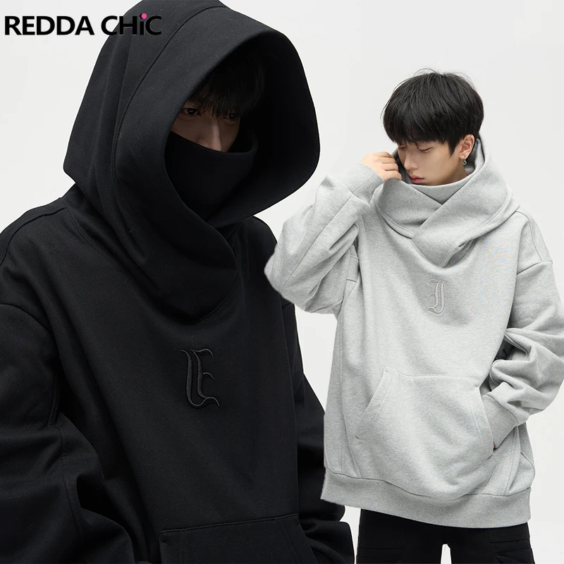 

REDDACHIC Turtleneck Hooded Sweatshirt Men Retro Gray Black Hoodies Oversized Casual Embroidery Graphic Pullover Y2k Streetwear