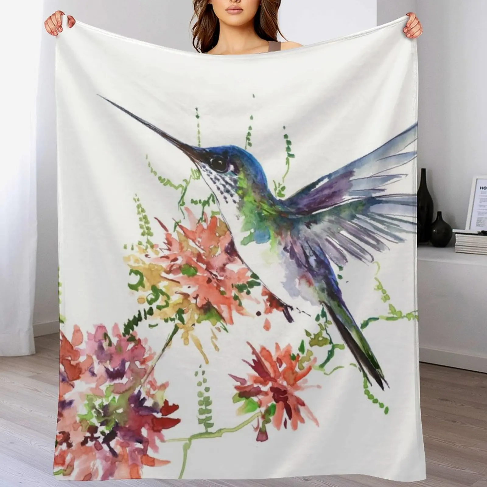 Hummingbird and Flowers Throw Blanket Thin Thermals For Travel Softest Blankets