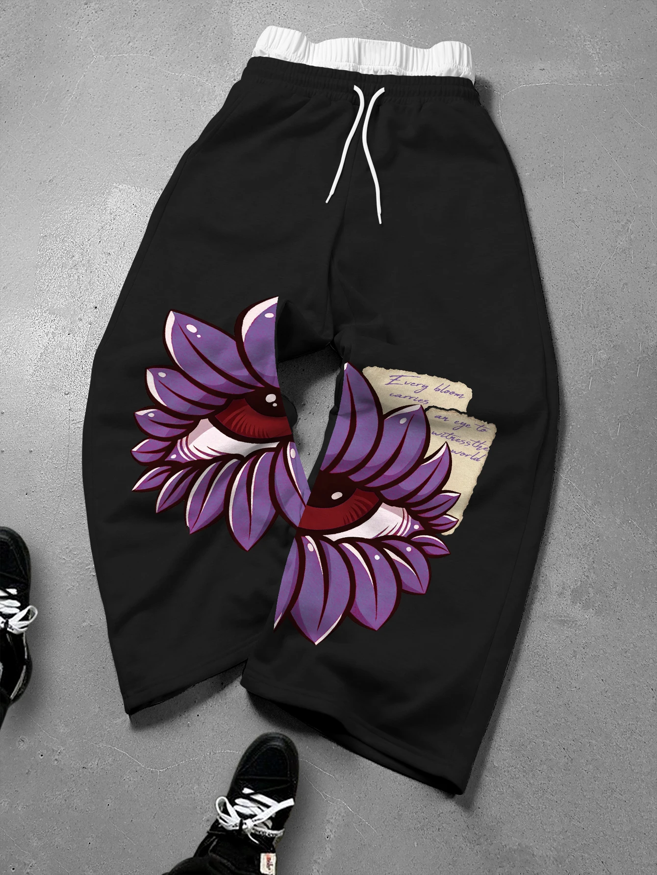 Men's Gothic Eye Flower Print Baggy Wide Leg Capri Sweatpants Polyester S-2XL Drawstring Hip Hop Streetwear Casual Cropped Pants