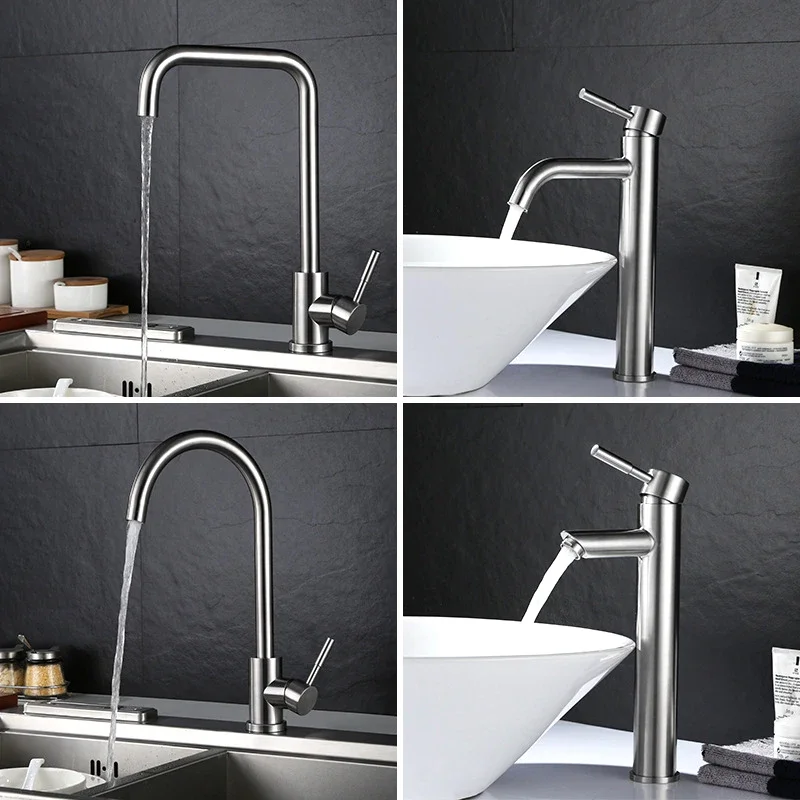 Classic Kitchen Faucet Stainless Steel Bathroom Basin Faucet Single Handle Sink Tap Cold and Hot Water Mixer Tap Deck Mounted