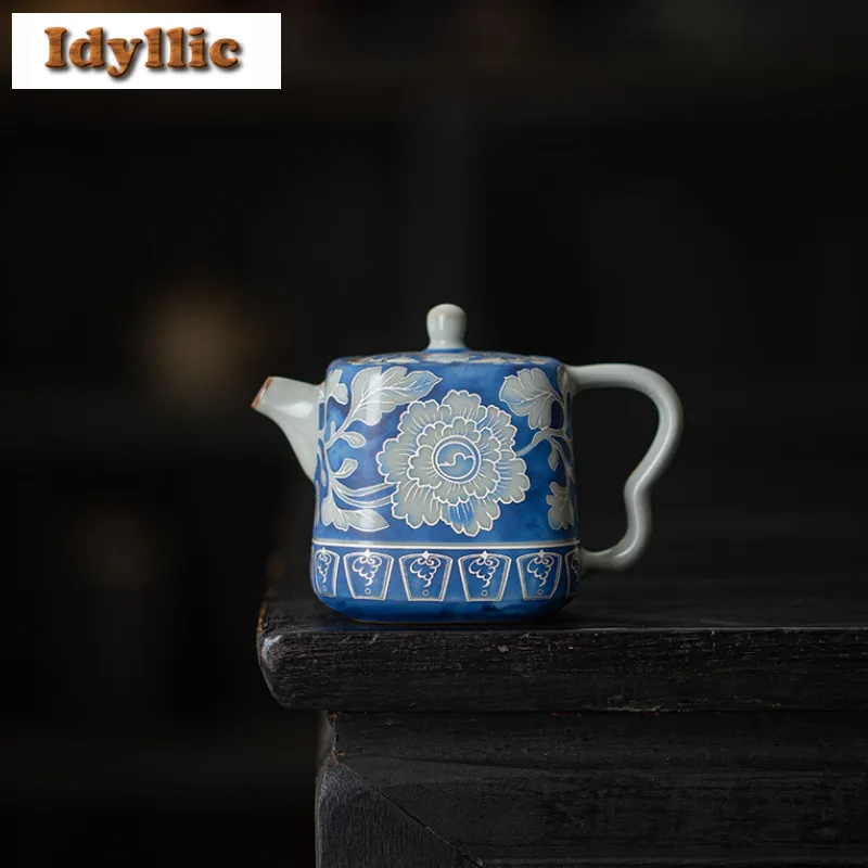 

220ml Ru Kiln Peony Teapot Traditional Tea Infuser Pot Tea Making Kettle With Ball Hole Tea Services Supplies Ornaments Craft