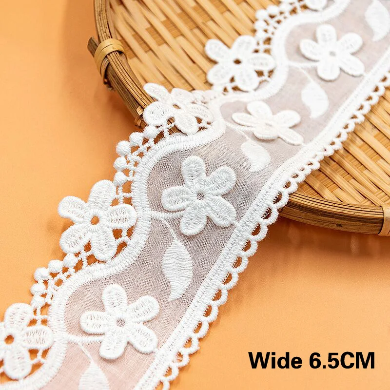 

3 yards/Luxury White Cotton Embroidered Lace Needlework Dress Lace Appliques Trim Ribbon Diy Sewing Accessories Wide 6.5CM