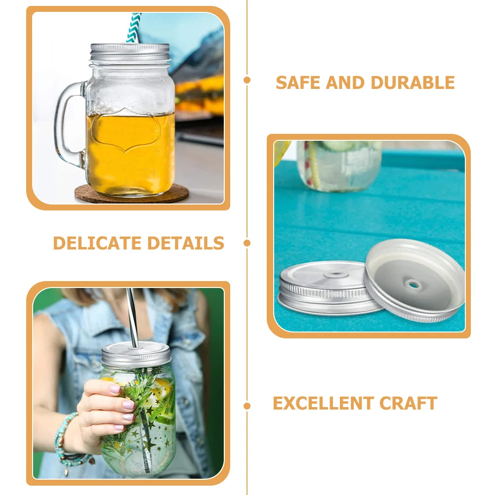 

4Pcs Reusable Stainless Steel Jar Lids with Straw Plugs Airtight Sealed Covers for Beverage Storage Jar Lids Canning Jars Cover